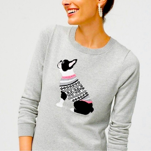 J. Crew Sweaters - J Crew Gray Lightweight Rhinestone Boston Terrier Dog Teddie Sweater Size XS